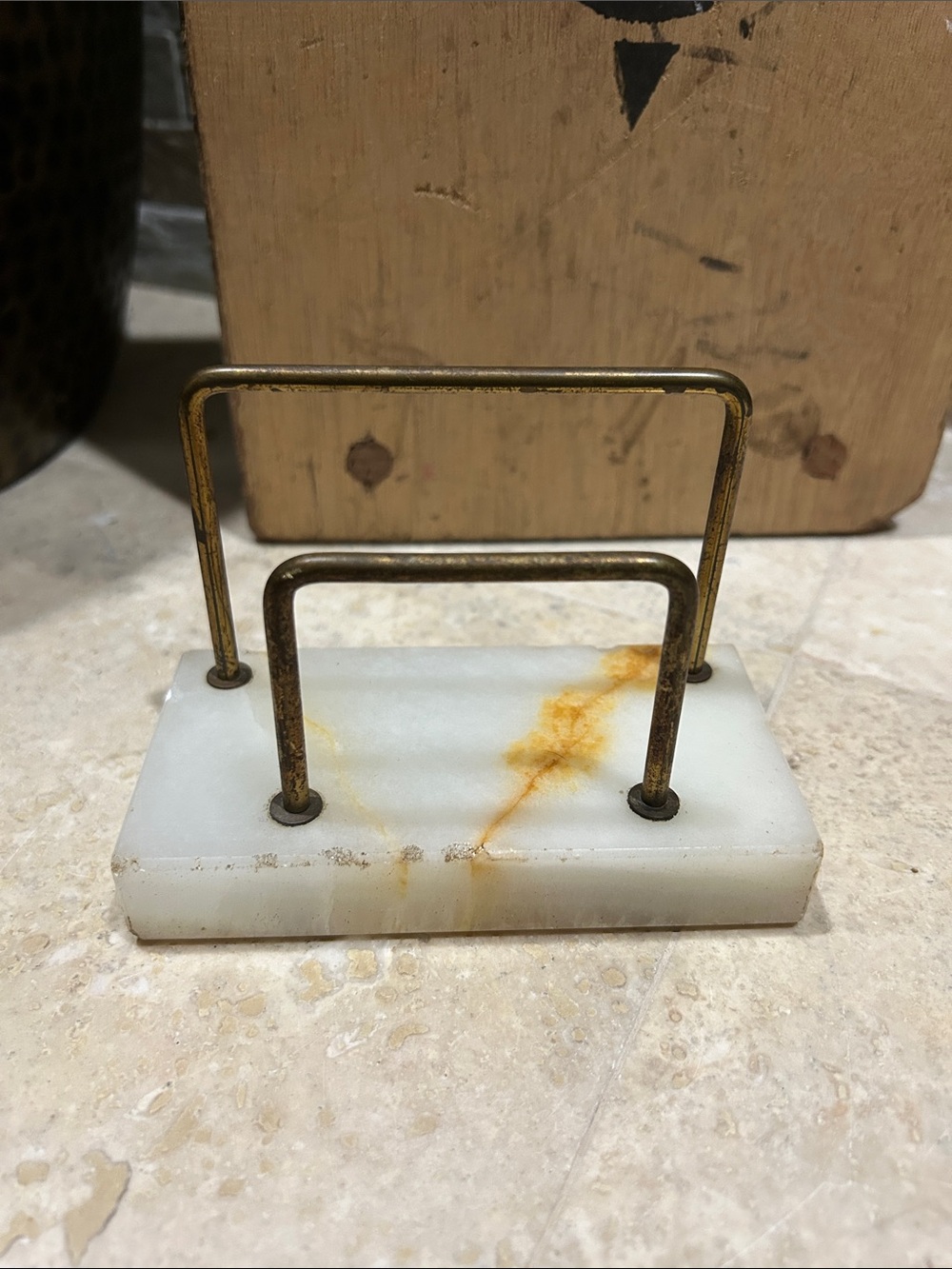 Vintage MCM white marble and brass double-arch letter holder